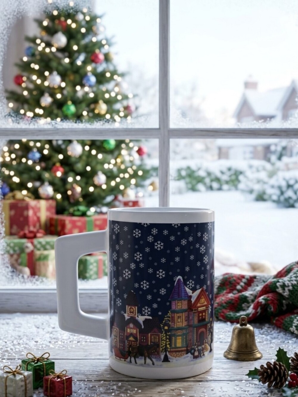 Holiday Village Ceramic Coffee Mug - White & Navy 2000s